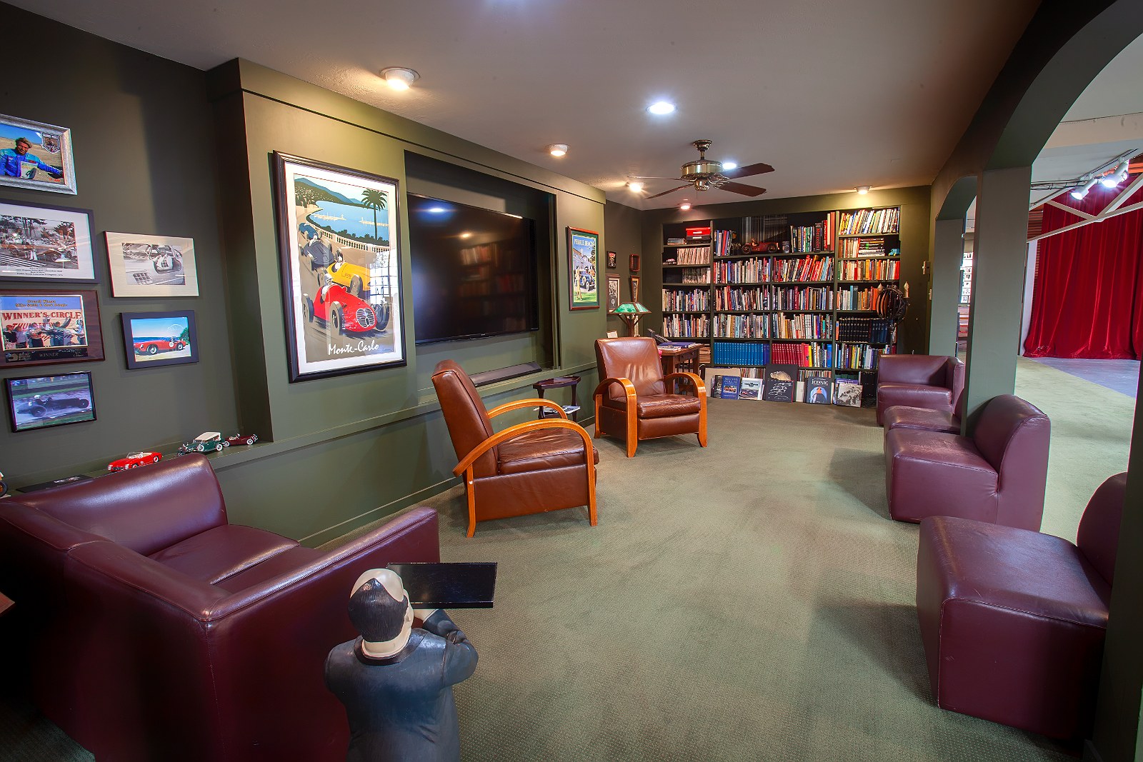 The library lounge with leather chairs and racing books